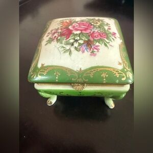 Antique Floral Green and Gold Decorative Box, Jewelry Box